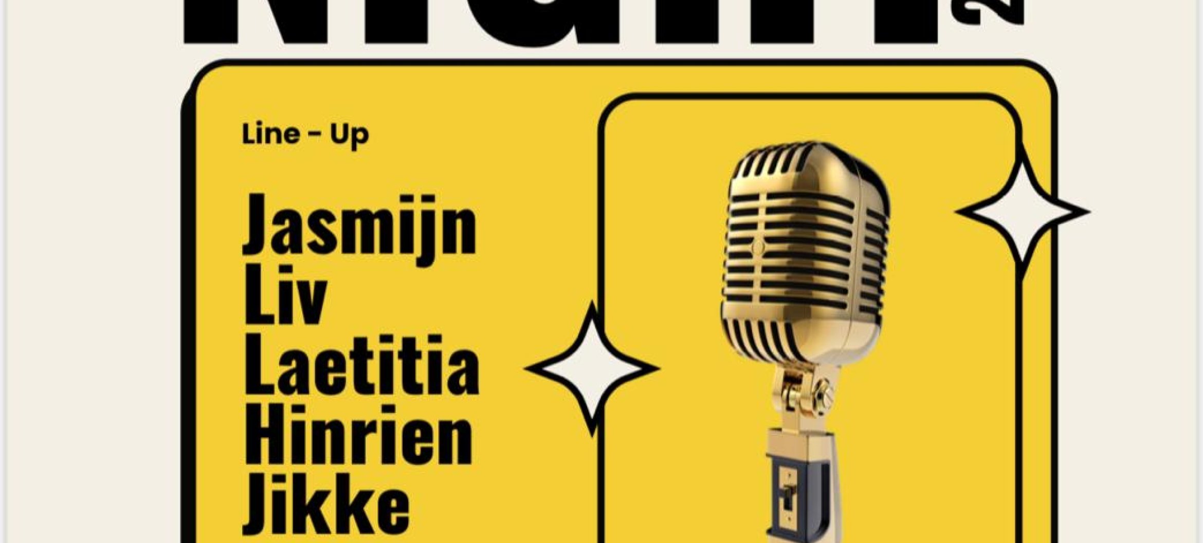 Poster voor Vocal Night 2025 van ArtEZ Conservatorium Zwolle. Line-up: Jasmijn, Liv, Laetitia, Hinrien en Jikke. Datum: dinsdag 7 oktober 2025 om 19.00 uur. Locatie: Reulandzaal, Aan de Stadsmuur 88, Zwolle. Entree gratis.